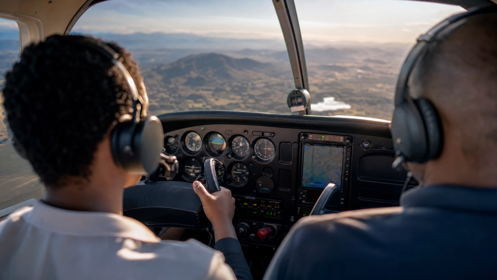 A student pilot at the controls
